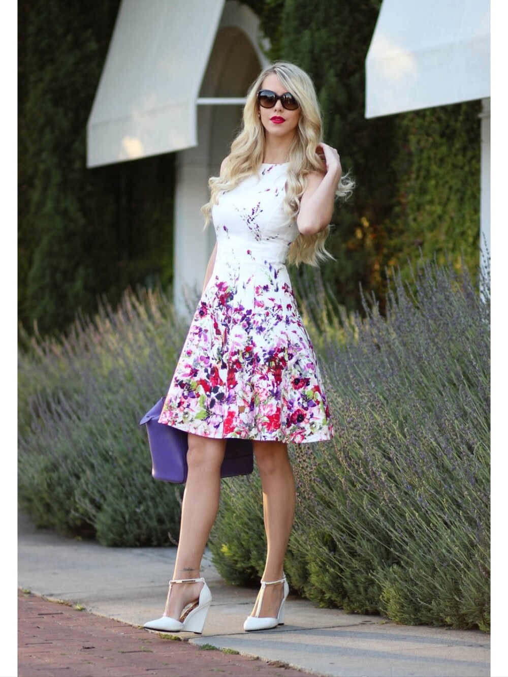 White Floral Midi Dress with Purple and Pink Accents